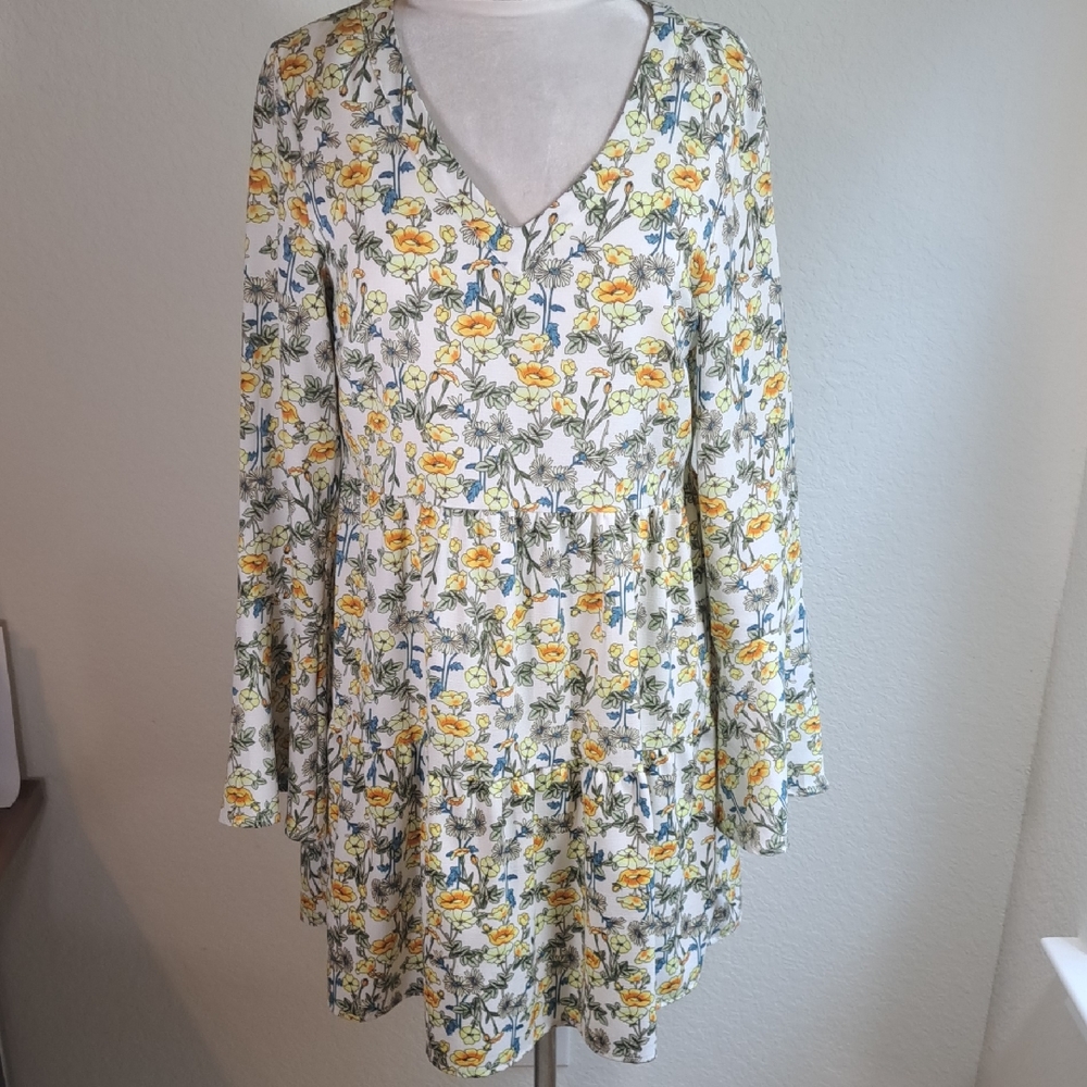 Altar’d State Dress Boho Mini Tiers Yellow Green Cream Floral Bell Sleeves Small